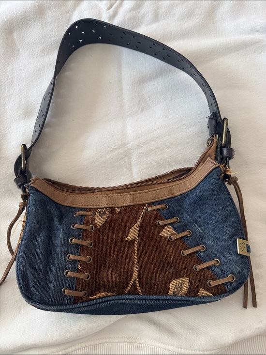 lei Handbags - lei Denim and Brown Embroidered Shoulder Bag with Black Strap